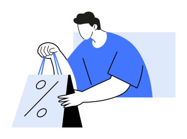 Adamın elinde yüzde işareti olan bir alışveriş çantası var. Satışı ya da indirimi simgeliyor. Perakende satışlar, pazarlama kampanyaları, e-ticaret, alışveriş etkinlikleri, mevsimlik satışlar için ideal. Asgari satır sanatı.