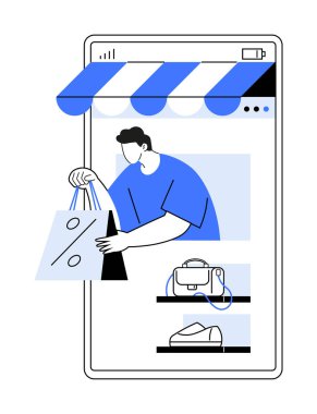 Mobil cihazdan alışveriş yapan, vitrin tenteli, çanta tutan, vitrin ürünleri satan bir adam. E-ticaret, dijital alışveriş, mobil uygulamalar, perakende pazarlama, çevrimiçi satışlar için ideal. Basit, minimal, modern