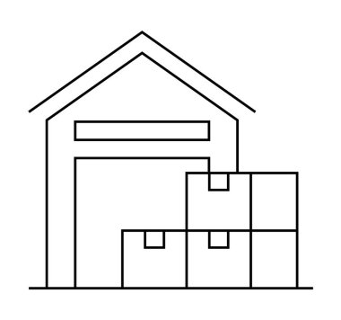 Önünde istiflenmiş kutular olan bir depo binasının basit siyah beyaz çizimi. Lojistik, nakliye, envanter yönetimi, depolama ve depolama çözümleri için ideal. Minimalist çizgi sanatı