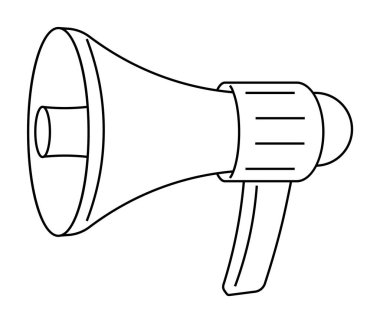 Bir megafonun siyah beyaz vektör çizimi. Bu, duyurular, etkinlikler, kampanyalar ve konuşmalar için kullanılabilir. Promosyon materyalleri, halk konuşmaları, iletişim temaları için idealdir.