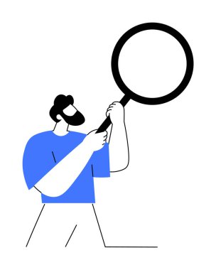 Mavi gömlekli bir kişi, büyük bir büyüteç tutuyor, temiz ve minimalist bir şekilde resmedilmiş. Arama, araştırma, soruşturma, analiz, eğitim temaları için ideal.