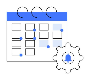 Vurgulanmış olaylar takvimi, uyarı zili olan ayarlar teçhizatı. Program, anımsatıcı, organizasyon, planlama ve üretkenlik temaları için ideal.