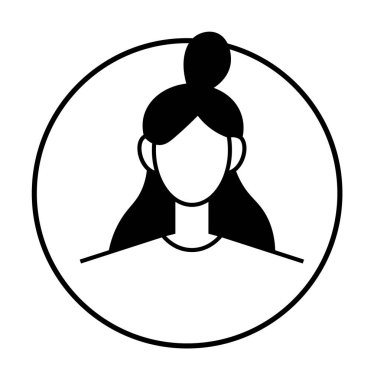 Basit bir siyah-beyaz avatar, yuvarlak bir çerçevenin içinde uzun saçlı, çörek saçlı bir kadının başını ve omuzlarını gösteriyor. Profil resimleri, kullanıcı simgeleri ve sosyal medya için ideal.