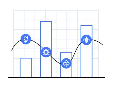 Mavi dişli çubuk grafiği ve kalkan simgeleri, ızgaradaki bir çizgi grafiğiyle birbirine bağlı. Ticari büyüme, veri içgörüleri, performans ölçümleri, mali istatistikler, ilerleme takibi için ideal. Basit ve
