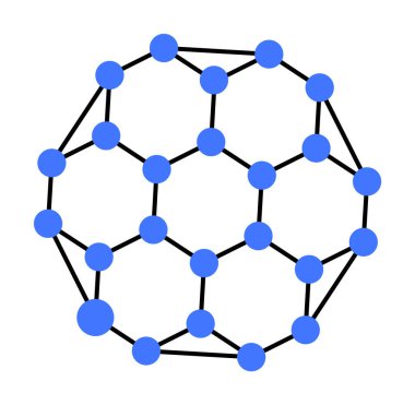 Görüntü, siyah çizgilerle birbirine bağlı mavi noktalardan oluşan küreye benzeyen geometrik bir yapıyı gösteriyor. Bu moleküler yapılar, kimya, fizik ve ağ bağlantı temalarını temsil eder..