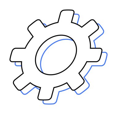 Mavi çizgili siyah beyaz dişli, mekanik ve yapılandırmayı simgeliyor. Teknik, mühendislik, makine, ayarlar ve arayüz temaları için ideal. Basit, satır sanatı tarzı.