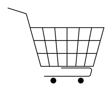 Minimalist siyah beyaz alışveriş arabası, sapı ve tekerlekleri var. Perakende satış, ecomce, alışveriş, piyasa araştırması, tüketici davranışı için ideal. Basit çizgi çizim biçimi.