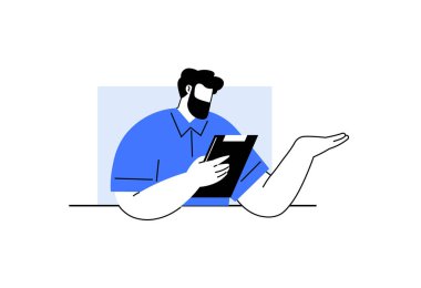 Mavi gömlek giyen sakallı bir adam tek eliyle hareket ederken panodan okuyor. Eğitici materyaller için ideal iş sunumları profesyonel tartışmalar modern iş yeri temaları