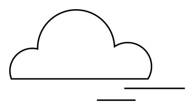 Siyah çizgi sanatı rüzgarı gösteren çizgilerle biçimlendirilmiş bir bulut gösteriyor. Hava durumu, meteoroloji, doğa, minimalist sanat ve dijital grafikler için ideal.