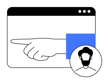 Sol elini gösteren bir web tarayıcı penceresi ve sakallı bir adamın yer aldığı dairesel kullanıcı profili simgesi. Temalar navigasyon, kullanıcı arayüzü, dijital etkileşim, profil, web sitesi. Siyah renkler,