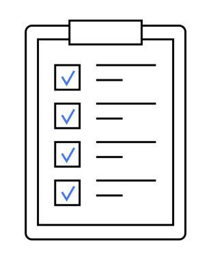 Dört öge içeren bir kontrol listesi gösteren bir pano. Üçü işaretlenmiş. Görev yönetimi, organizasyon, proje planlaması, hedef izleme ve verimlilik için ideal. Basit satır sanatı