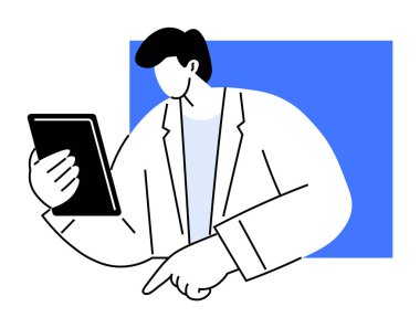 Laboratuvar önlüklü kişi bir eliyle dijital tablet, diğer eliyle işaret ediyor. Teknoloji, dijital araçlar, profesyonel iş, sağlık ve eğitim için ideal. Basit, modern, düz.