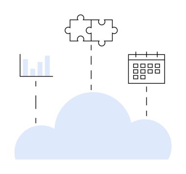 Bu resim üzerinde çizgi grafiği, bulmaca parçaları ve çizilmiş çizgilerle birbirine bağlı bir takvim olan mavi bulutu gösteriyor. Teknoloji, bulut hizmetleri, veri analizi, zamanlama ve entegrasyon için ideal