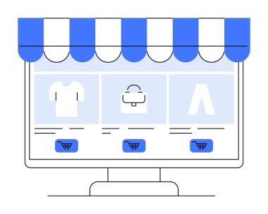 Bilgisayar monitöründe tişört, el çantası ve pantolon için ikonlar olan bir çevrimiçi mağaza önü var. E-ticaret, perakende, çevrimiçi alışveriş, dijital pazarlama ve web tasarımı için ideal.