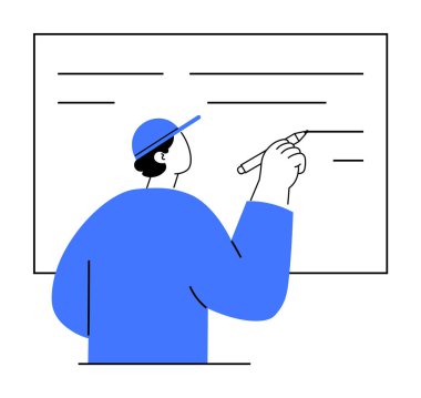 Mavi gömlekli ve kapşonlu biri beyaz tahtada yazıyor, stil minimalistiği. Eğitim, sunumlar, atölyeler, toplantılar, ofis ortamları için ideal. Yaratıcılığı ve fikirleri paylaşmayı teşvik eder.
