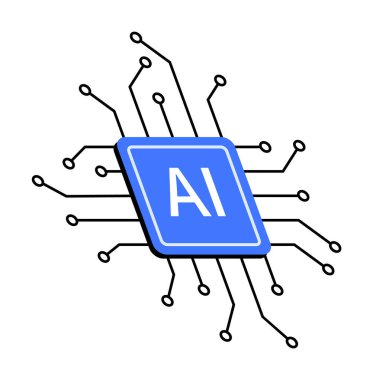 Merkezi yapay zeka çipi, dışarıya doğru uzanan devreler. Yapay zeka, teknoloji, elektronik cihazlar, yenilik ve dijital dönüşüm temaları için idealdir. Mavi ve siyah renkler kullanarak basit ve net tasarım, vekto