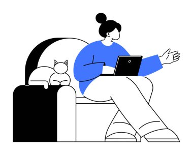 Kanepede dizüstü bilgisayarıyla oturan, el kol hareketi yapan, kedisi yakınlarda dinlenen bir kadın. Evden çalışmak için ideal, uzaktan çalışma, rahatlama, evcil hayvan arkadaşlığı, dijital iletişim. Basit vektör biçimi.