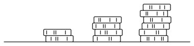 Üç bozuk para yığını, her biri yatay çizgide soldan sağa doğru yükseliyor. Finans, tasarruf, yatırım, ekonomi ve büyüme için ideal.
