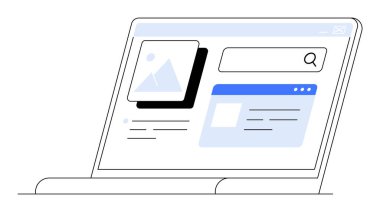 Arama çubuğu, resim ve metin içeriği pencereli bir web sitesini gösteren dizüstü bilgisayar. Teknoloji, web tasarımı, çevrimiçi arama, dijital içerik, kullanıcı arayüzü için ideal. Basit, temiz, vektör.