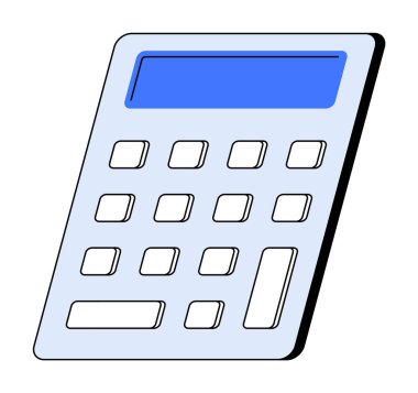 Mavi-beyaz hesap makinesi, sayı defteri ve ekran ekranı. Eğitim, finans, muhasebe, matematik ve bütçe konuları için idealdir. Basit vektör biçimi.