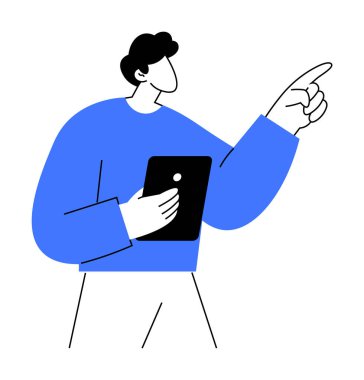 Tablet tutan ve yukarı doğru bakan, basit ve modern bir sanat tarzıyla tasvir edilen bir kişi. Teknoloji, eğitim, sunumlar, özel dersler ve iş temaları için ideal.