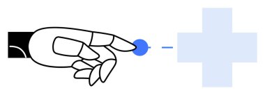 Soluk mavi bir tıbbi haça bağlı mavi bir noktayı gösteren robot el. Teknoloji için ideal, sağlık hizmetleri yeniliği, tıbbi robot bilimi, geleceksel tıp, dijital sağlık. Minimalist, modern, ve