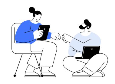 Fikirlerini tabletler ve dizüstü bilgisayarlarla paylaşıyorsun. Bir kişi sandalyede, diğeri yerde. Takım çalışması için ideal, ya da dijital iletişim, uzaktan çalışma, sınıf ortamı, modern ofis toplantısı. Basit vektör stili
