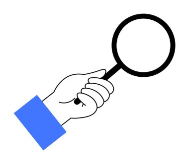 Görüntü mavi kollu bir elin beyaz arka planda büyüteç tuttuğunu gösteriyor. Arama, araştırma, analiz, soruşturma ve keşif konuları için ideal.