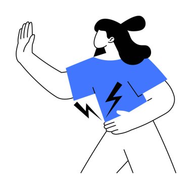 Jesti durdurmak için elini kaldıran bir kadın, üzerinde yıldırım sembolü olan mavi bir gömlek giyiyor. Minimalist ve modern tarzda. İletişim, Güç, Feminizm, Nefsi müdafaa, Minimalist Sanat için ideal. Gürültülü mide