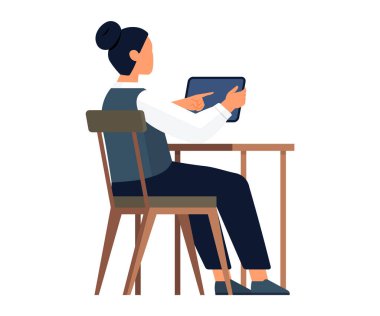 Woman sits at table and works with text on laptop. Female character secretary at workplace working on pc. Professional staying connected and organized with power of technology. Businesswoman at desk clipart