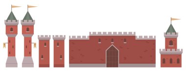 Brick castle with tall central entrance, four towers, with flags. Ideal for medieval themes, history illustrations, fantasy games, educational materials, or architectural studies. Simple flat style clipart