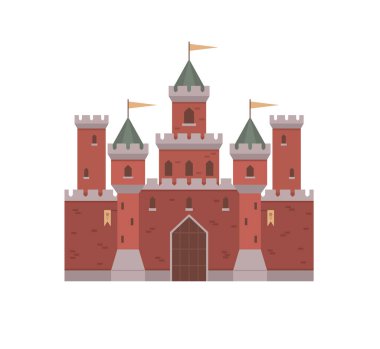 Uzun yeşil çatılı kuleleri ve beyaz arka planda bayrakları olan büyük kırmızı tuğlalı bir kale. Tarih eğitimi, fantezi teması, ortaçağ hikaye kitapları, mimari tasarım ve rol yapma için ideal