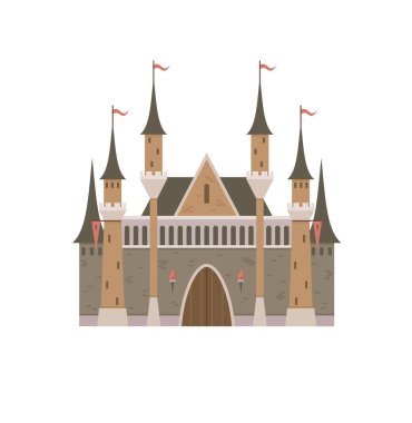 Bayraklarla kaplı, birden fazla uzun kuleleri olan büyük bir kale. Kahverengi tuğla duvarlar ve sivri çatılar yapıyı süslüyor. Masallar, çocuk hikayeleri, ortaçağ temaları, fantezi dünyaları için ideal.