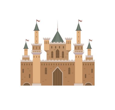 Kuleleri ve bayrakları olan görkemli kale gururla duruyor. Macera, masal, tarih, fantezi ve ortaçağ teması için idealdir. Düz tonlu ve yeşil çatılı düz tasarım.