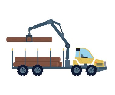 Crane unloads firewood. Wood production and forestry. Machine with load in form felled trees, forestry equipment for transportation, loading, unloading in warehouse. Building, storage production clipart