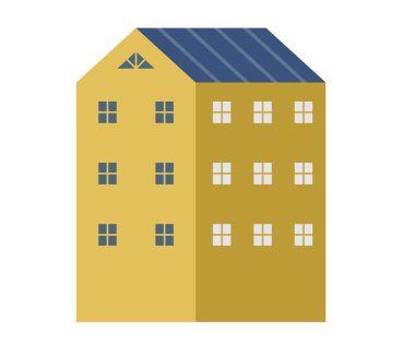 Mavi çatılı geometrik sarı bir bina, görünen iki taraftaki pencereleri gösteriyor. Kentsel mimari, gayrimenkul, inşaat, konut tasarımı ve şehir planlama projeleri için ideal