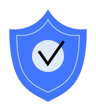 Ortasında işaret olan mavi bir kalkan. Güvenlik, koruma, güvenlik, onay, güven, dijital güvenlik teması için ideal. Temiz, vektör biçimi.