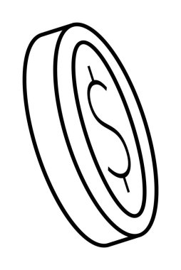 Bir dolar sembolü içeren izometrik bir paranın siyah ve beyaz vektör görüntüsü. Finans, bankacılık, para birimi, yatırım ve tasarruf temaları için ideal. Basit, temiz tasarım çeşitli uygulamalar için mükemmeldir.