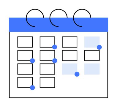 Bu mavi aksanlı ve işaretli tarihli aylık bir takvim. Takvim, önemli tarihleri gösteren, maviyle işaretlenmiş birkaç kare ile bir ızgara düzenine sahiptir. Planlama ve program için ideal.