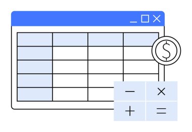 Hesap makinesi simgesi ve dolar sembolü olan bir hesap tablosu. Mali veri yönetimi ve hesaplamaları temsil ediyor. Bütçe, muhasebe, mali planlama, gider takibi ve veri analizi için ideal