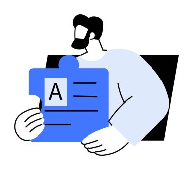 A harfli mavi bir yapboz parçası ve mesaj için boş satırlar tutan bir adam. Eğitim, öğrenme, problem çözme, takım çalışması ve gelişim temaları için ideal. Minimalist stil.