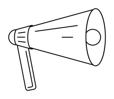 Bir megafonun saplı basit bir siyah beyaz taslağı. İletişim, pazarlama, duyurular, uyarılar ve promosyonlar için ideal. Basit satır sanatı tarzı.