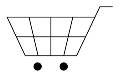 İki tekerleği ve sapı olan bir alışveriş arabasının minimalist, siyah-beyaz çizgisi. Çevrimiçi alışveriş, perakende satış, market alışverişi, e-ticaret, piyasa promosyonları için ideal. Basit vektör dekoru