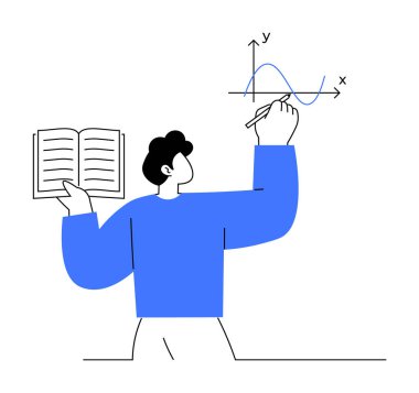 Bir insan açık bir kitabı tutar ve X-Y eksenine bir sinüs dalgası çizer. Eğitim, matematik, öğrenme, öğretim veya akademik konular için ideal.