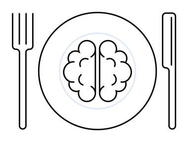 Çatal ve bıçakla çevrili yemek tabağındaki bir beynin basit siyah-beyaz çizimi. Sağlıklı akıl, beslenme, akıl sağlığı, eğitim ve bilişsel gelişim için idealdir. Temiz çizgiler mi?