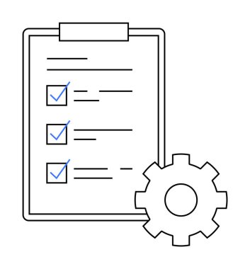 Üzerinde üç mavi işaret ve bir dişli ikon bulunan kontrol listesi olan bir pano. Proje yönetimi, üretkenlik, planlama, iş akışı ve ayarlar için ideal.