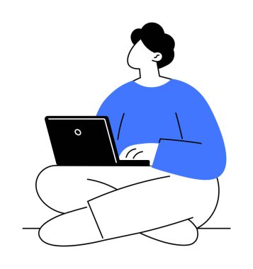 Mavi kazaklı birinin dizüstü bilgisayar kullanarak bacak bacak bacak üstüne attığı basit bir siyah beyaz çizim. Evden çalışma, öğrenim, teknoloji, rahatlama, internet gezme temaları için ideal.