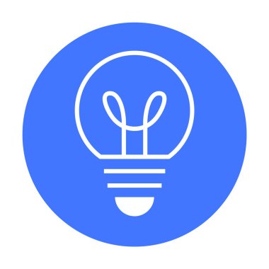 Mavi daire arka planında beyaz ampul çizimi. Teknoloji, yaratıcılık, beyin fırtınası, yenilik ve eğitim için ideal. Basit vektör biçimi.