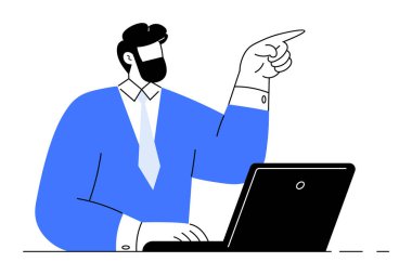 Dizüstü bilgisayarla çalışan mavi gömlekli bir adam. Elini kaldır ve öne doğru kaldır. Basit, modern çizgi sanat tarzı. İş, teknoloji, üretkenlik, uzak çalışma, ofis ortamı, sunumlar için ideal.