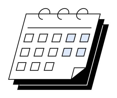 Vurgulanmış tarihlerin yer aldığı sarmal ciltli minimalist bir takvim. Planlama, organizasyon, programlama, teslim tarihleri ve atamalar için ideal. Temiz basit vektör biçimi temel olarak siyah, beyaz ve